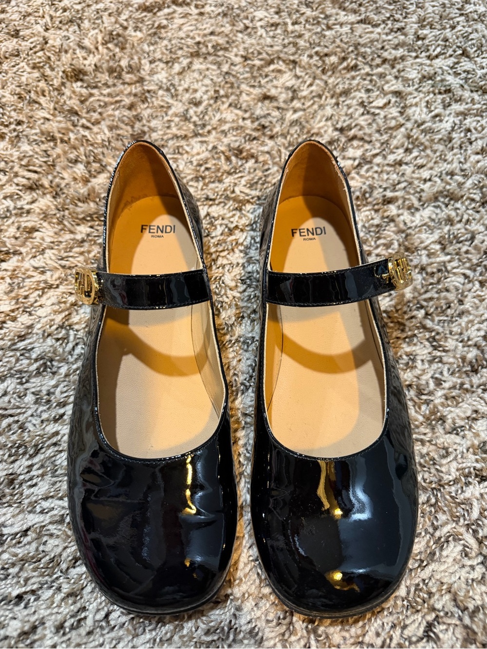 Fendi Black Patent Mary Jane Flats with Gold Buckle